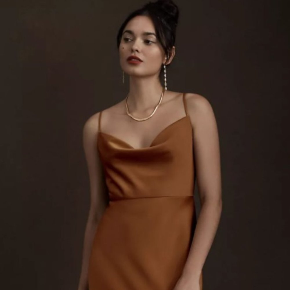 BHLDN CAli Satin Charmeuse Midi Dress (Rust)